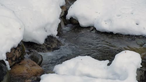 CLOSE UP Glaciar water brook flowing hardly through snow covered rocks