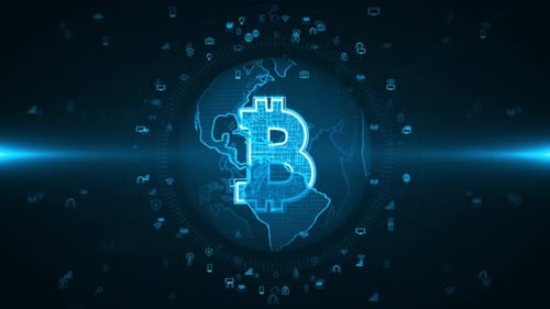 Digital Bitcoin Symbol with Global Network and Technology Icons