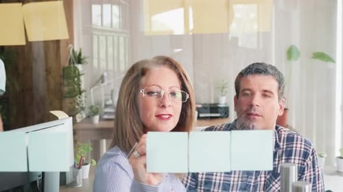 Middle Age Business Woman Writing Ideas on Sticky Notes While Talking with Her Team in the Office