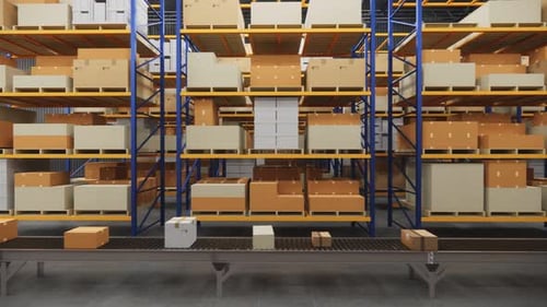 Entrepôt avec boîtes en carton à l'intérieur sur des rayonnages à palettes, centre logistique