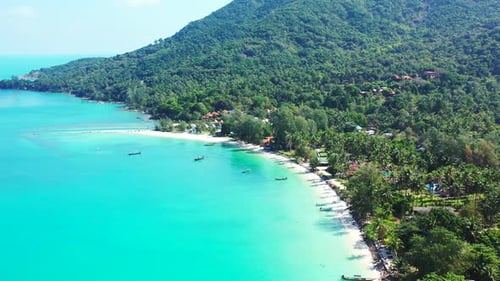 Beautiful aerial island view of a sandy white paradise beach and turquoise sea background