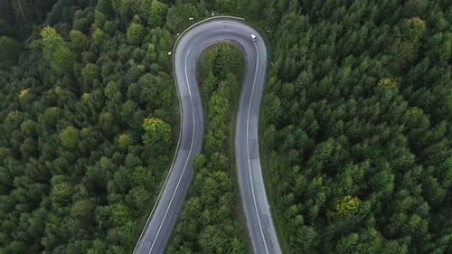 Aérea: passagem de estrada sinuosa hairpin na floresta de montanha, tiro ascendente de cima para baixo