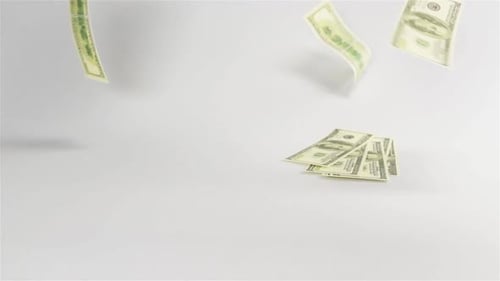 Dollars Banknotes Rain Falling on White Table Cyclorama