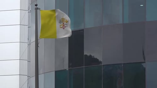 Realistic 3D Vatican City Flag Waving on Pole in Front of Modern Building