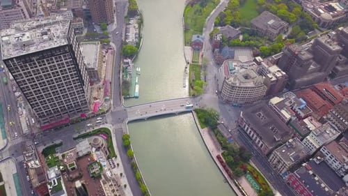Aerial view of Shanghai Downtown skyline, China. Financial districts in urban city.