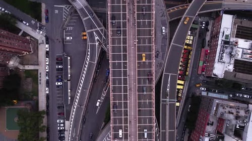 Aerial view above traffic on the Brooklyn bridge, in NY, USA - top down, drone shot