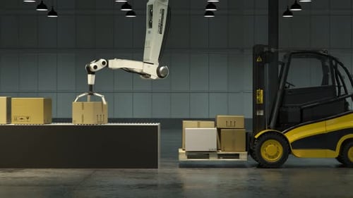 Brazo robótico moderno y avanzado que carga y apila cajas de carga en una carretilla elevadora. 4K