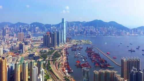 Aerial top view of financial district and business centers in Hong Kong, republic of china.