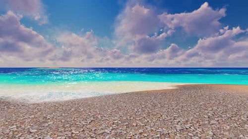 Animated Beach Scene with Blue Ocean and Sun Flare