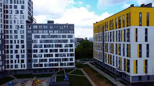 Aerial drone view of a flying over the modern residential building.