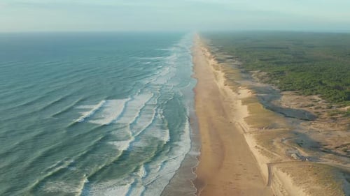 Beautiful Empty Beach at Golden Hour Going Endless Into the Distance with Green Woods and Blue Ocean