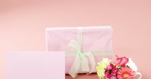 Pretty Pink Gift with Card and Flowers