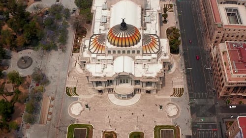 Forwards Fly Aerial Shot of Palace of Fine Arts (Palacio De Bellas Artes) with Colourful Dome in