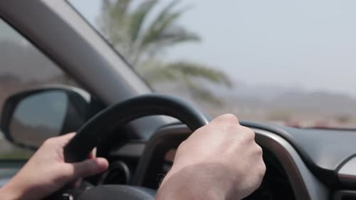 Mãos do motorista no volante do carro moderno