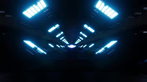 Fly Inside Of Futuristic Metallic Corridor With Blue Laser Neon Lines 4