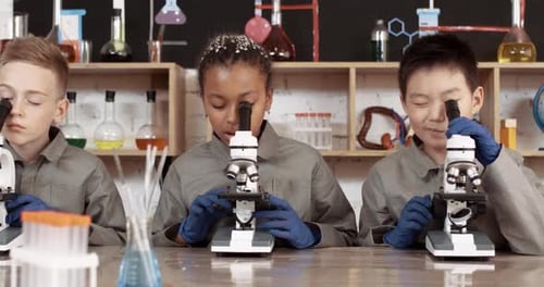 Lesson in a Modern School, Kids Look at Microscopes in a Chemistry Lesson, the Process of Teaching