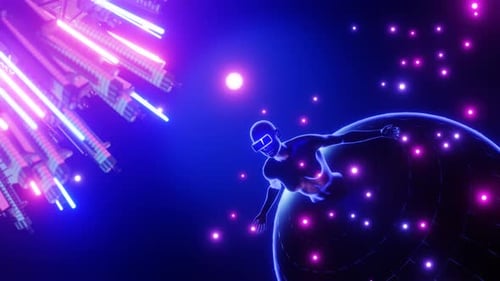 Futuristic Neon Space Animation with VR Character and Digital Planet