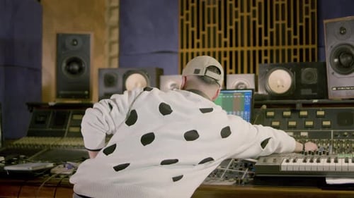 Young Caucasian Man Working at Music Recording Studio