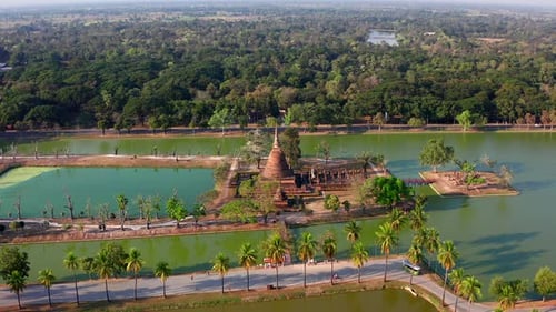 Aerial View of Wat Sra Sri or Wat Sa Si in Sukhothai Historical Park in Thailand
