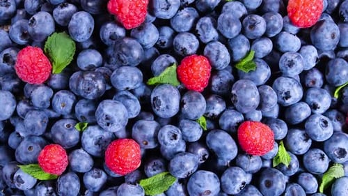 Fresh Blueberries and Raspberries with Mint Overhead