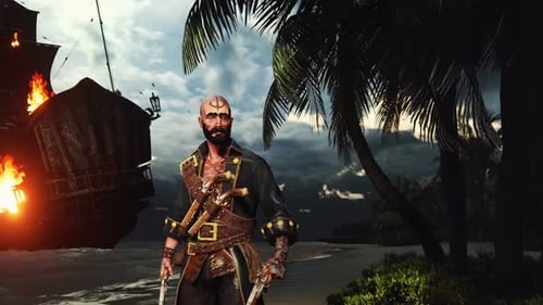 3D Pirate Character on Tropical Beach with Burning Ship and Treasure