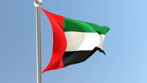 United Arab Emirates Flag Waving on Pole with Blue Sky