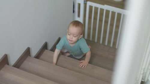 Baby Crawling Up Wooden Stairs Towards Gate