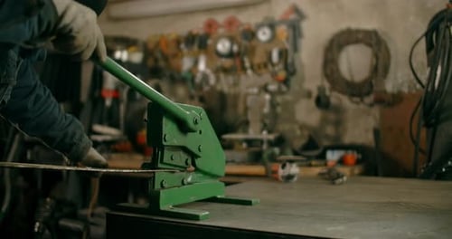 Locksmith Uses Guillotine Mechanical Sheet Metal Cutter at His Workshop Manual Metalwork Prores HQ