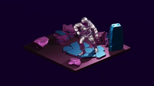 Animated 3D Isometric Astronaut in Abstract Geometric Space Environment
