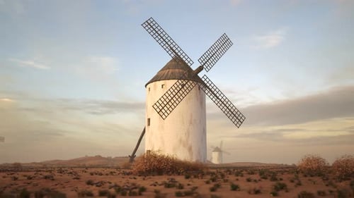 Nahaufnahme der Flügel einer alten spanischen Windmühle, die sich bei Sonnenuntergang langsam drehen. 4K