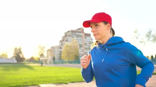 Woman Runs Through the Stadium at Sunset
