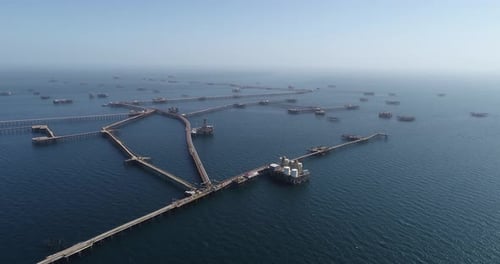 OIL ROCKS – Aerial view of Neft Dashlari city on the caspian sea. Offshore oil production.