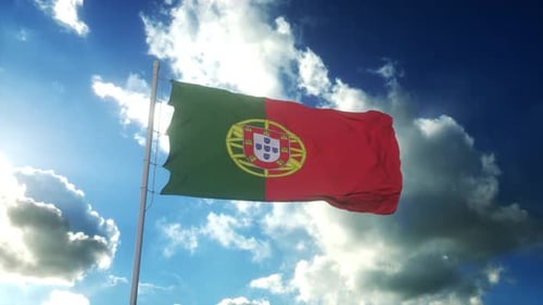 Realistic Portugal Flag Waving in Blue Sky