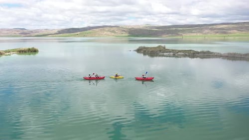 Group Of People Canoeing On The Lake On Aerial View 2