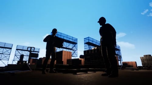 Silhouetted Construction Workers Discussing Plans on Industrial Site