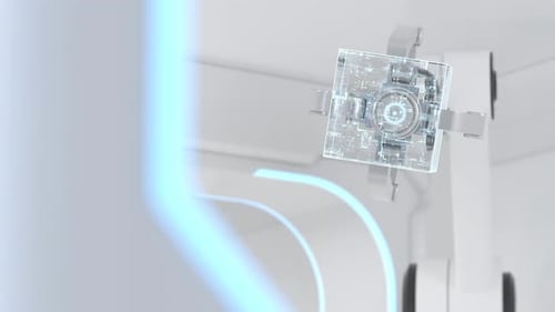 Robotic arms in the white futuristic room