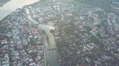 Bird Eye View Green Town Locates Near Blue Calm Rivers