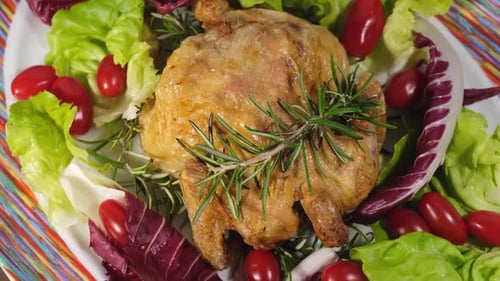 Baked chicken with salad and tomato vegetables rotating on dish. Grilled poultry meat with rosemary.