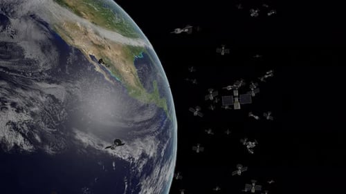 Planet Earth with many satellites around it. View from space.