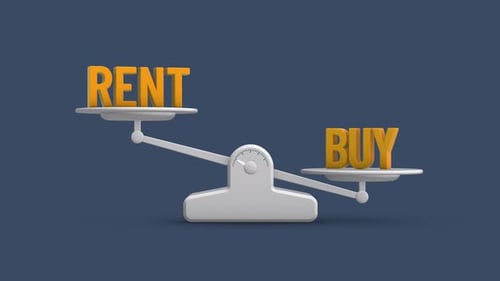 Animated 3D Scale Weighing Rent Versus Buy Options