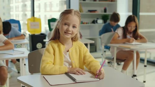 Elementary School Student Writing in Classroom