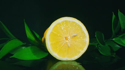 Juicy Lemon Half with Green Leaves Close Up