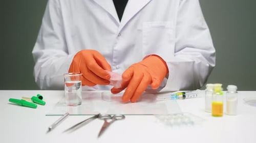 Scientist Examining Cultured Meat Sample in Laboratory