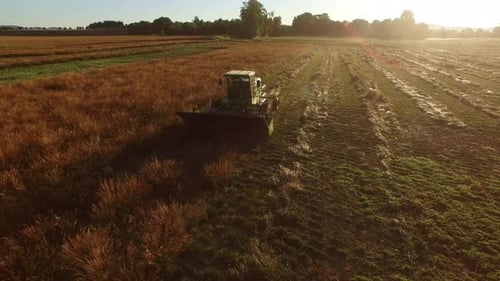 Aerial shot of combine in field at sunrise