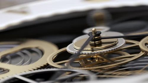 Watch and Cogwheel Mechanism with Rotating Arrow and Gears