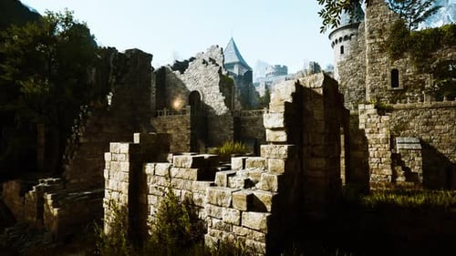 Ancient Castle at Sunrise with Mountains in Background