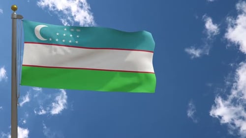 Realistic Waving Flag of Uzbekistan on a Sunny Day