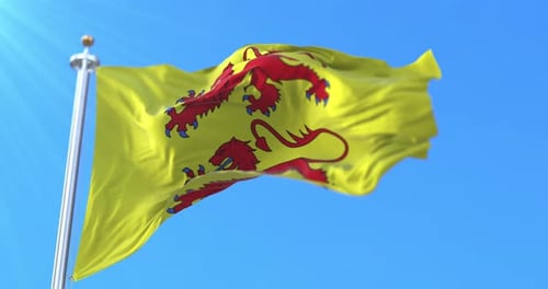 Yellow Flag with Red Lions Waving in Blue Sky