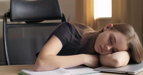 Close Up View Overworked Beautiful Woman Student Girl Tired on Work Fell Asleep at Desk with Laptop