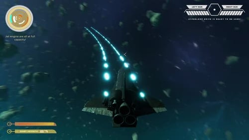 Futuristic Spaceship Flying Through Asteroids with HUD and Laser Fire